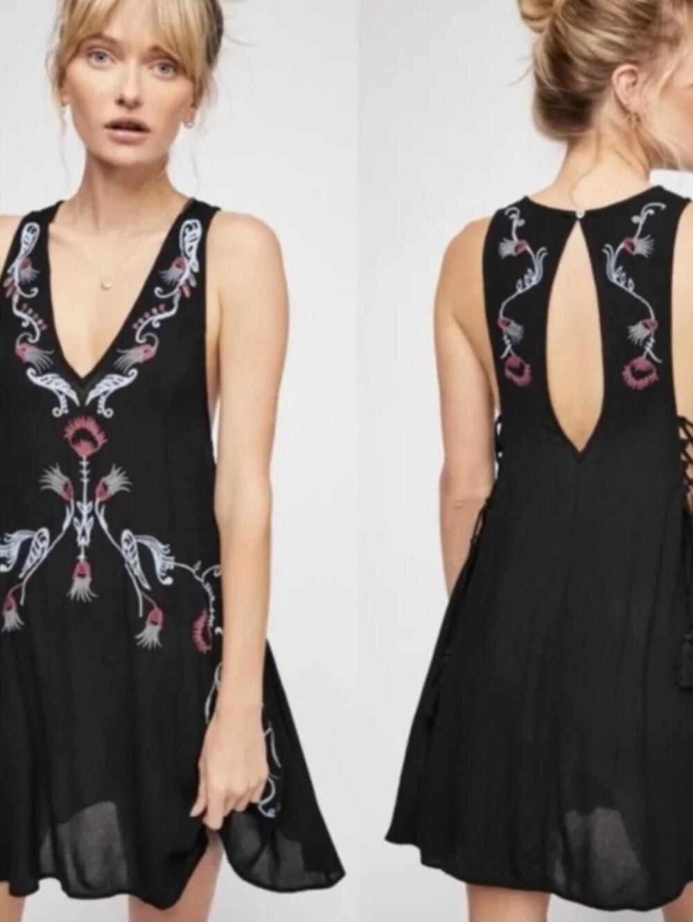 Free People Adelaide Mini Dress Small Black Embroidered Boho Open Back Dress